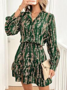 Vestido corto de otoño para mujer, estampado abstracto, cuello camisero, manga larga y falda con volantes - Multicolor 2 - Ver 9