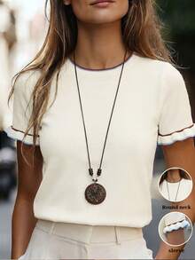 Women's Casual Contrast Color Ruffle Trim Round Neck Short Sleeve Knit Top, Summer, Chic & Elegant - Apricot - View 9