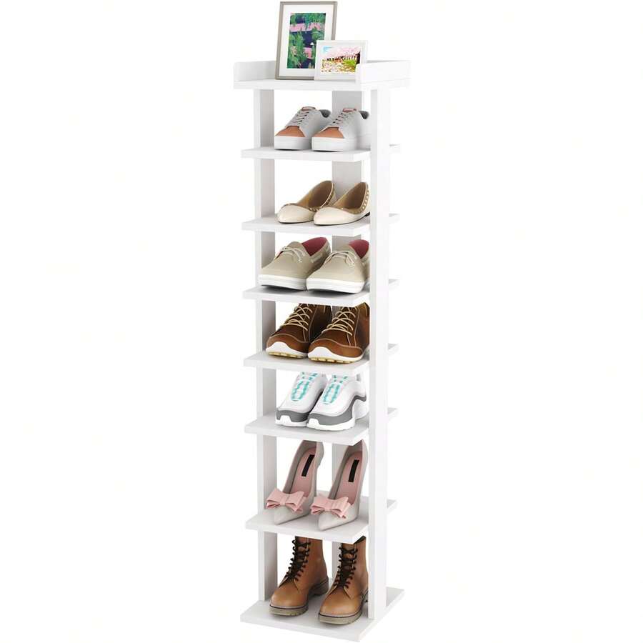 8-stöckiges freistehendes Schuhregal aus Holz in Weiß – Stabiler, platzsparender Schuh-Organizer für den Boden (24*24*120 cm), ideal für Flur, Eingangsbereich und Wohnung, robustes Aufbewahrungssystem für bis zu 8 Paar Schuhe - Weiss - Übersicht 1