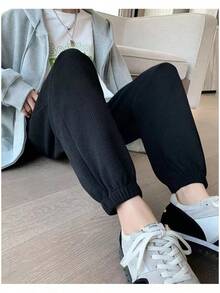 Primavera otoño Pantalones casuales sueltos Mujer 2023 negro gris Pantalones Mujer Pantalon Femme Jogger Pantalones de talla grande Mujer Leggings - Negro - Ver 2