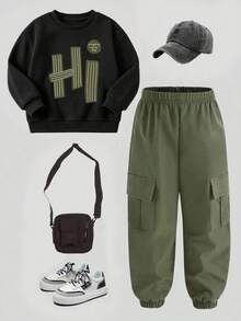Baby Boy Letter Print Long Sleeve Top And Pants Set - Black - View 3