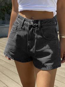 Shorts vaqueros casuales de verano tipo A-line para mujer, shorts vaqueros sexy y elegantes - Negro - Ver 1