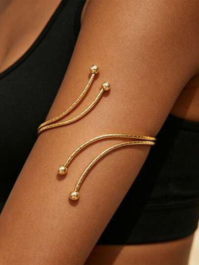 1pc Gold Cuff Bracelet, Minimalist Textured Open-Ended Ball Head Bracelet, Stackable On Arm Sleeve, Boho & Elegant Style, Ideal For Daily Wear, Beach, Party & Holiday, Perfect Gift For Women & Trendsetters