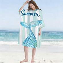 1件浅绿色和白色条纹美人鱼尾巴连帽沙滩斗篷，超柔软可穿戴沙滩巾斗篷，适合冲浪、游泳、沐浴、户外运动，成人连帽浴袍 - 淺綠白條紋藍美人魚 - 查看 5
