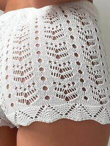 Traje de baño de ajuste cómodo con diseño de bloque de pantalones cortos de bikini de punto con cintura abierta y cordón hueco para mujer - BLANCO - Ver 2