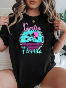 Women's-Shirt Retro Beach Style Black White Options Destin Florida Trees Sunset Graphic Print Casual Daily Wear Shirts Summer Tops Graphic Tees Summer Fits Women Graphic Tees Women Crop Tops Tops Women Vintage Cotton Cute Clothes Womensummer Outfits For Women - 白色 - 查看 8