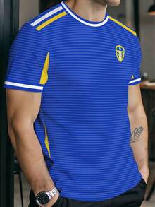 Blue Tone Leeds United Themed 3D Digital Print Short Sleeve Tee, Front Decorated With Badge Logo, Body Covered In Fine Horizontal Stripes, Shoulders And Sides Accented With Yellow-White Contrast Lines, Sleek Silhouette Combines Sports Vigor And Fresh Texture. - Multicolor - View 4