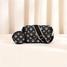 Women's 2-In-1 Crossbody Bag Set: Letter Print Shoulder Bag With Round Pouch, Stylish Everyday Bag; Retro Women's Crossbody Bag, Compact Casual Everyday Backpack With Detachable Pouch And Adjustable Shoulder Strap, A Shopping Essential; Women's Black Shoulder Bag With Gold Buckle, Mini Bag And Round Coin Purse Set, Lightweight Crossbody Bag, A Must-Have For Girls' Daily Life. - ĐEN - Xem 2
