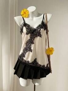 Contrast Color Patchwork Lace Asymmetric Hem Camisole Summer - Apricot - View 2
