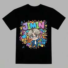Children White Basic T-Shirt Unisex Boys Bangtan Boys Inspired Short Sleeve Casual Top, B-Ts, B-Ts Shirt, Teen Summer Clothes, Teen Girl Summer Clothe - 黑色1 - 查看 1
