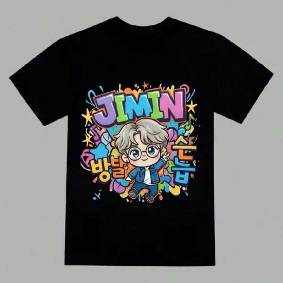 Children White Basic T-Shirt Unisex Boys Bangtan Boys Inspired Short Sleeve Casual Top, B-Ts, B-Ts Shirt, Teen Summer Clothes, Teen Girl Summer Clothe - 黑色1 - 查看 1