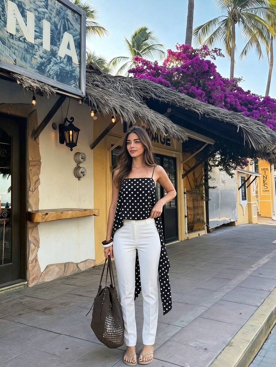 Áo hai dây chấm bi dáng bất đối xứng dành cho nữ, kiểu áo tank top dây mảnh buộc phía sau, thích hợp cho kỳ nghỉ hè. - Đen và trắng - Xem 1