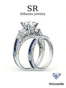 Bộ nhẫn cưới nữ, nhẫn xếp chồng hình cánh chim màu xanh lam, bạc sterling 925 5.6g, đá Moissanite 2ct, phong cách Bohemian sang trọng, kiểu cung điện, cao cấp, thích hợp cho mùa cưới, lễ đính hôn, kỷ niệm ngày cưới, quà tặng ngày Valentine, kèm giấy chứng nhận Moissanite và hộp quà trang nhã. - Bạc - Xem 7