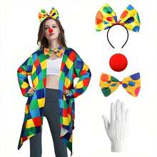Bộ trang phục chú hề kẻ caro nhiều màu sắc dành cho nữ, bao gồm băng đô nơ, nơ bướm, mũi và găng tay, được làm từ sợi polyester, thích hợp cho Halloween, lễ hội Carnival, Mardi Gras và biểu diễn sân khấu, trang phục Halloween, trang phục hóa trang dự tiệc. - Nhiều màu - Xem 2