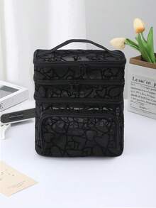 Black Minimalist Fashion Mesh Heart Pattern, Large Capacity Multi-Function 3-Layer Makeup Bag, Single Handle Multi-Pocket Convenient Design, Foldable Storage Bag, Compartment Storage - Black - View 3