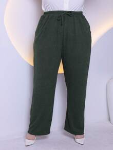 Women's Plus Size Pants In Premium Wool Knit Fabric With Tie Detail And Side Pockets, Sizes GG To G6 - Army Green - View 3