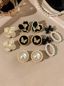 5 Pairs Vintage French Elegant Geometric Circle Heart Bow Faux Pearl Earrings, Versatile For Women Daily, Festival, Party Wear - Five-piece Set C - View 2
