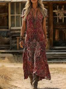 Vestido retro de talla grande con cuello en V, nuevo estilo de primavera y verano para mujer - Marfil - Ver 3