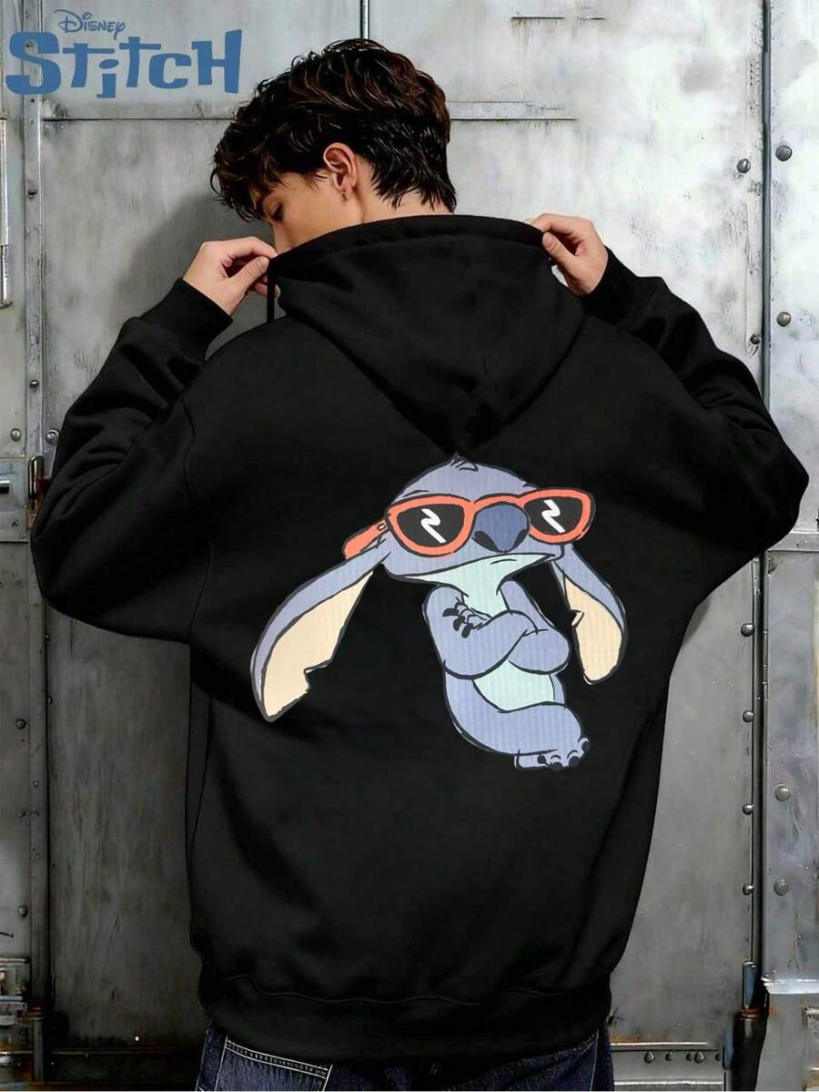 Sweat à capuche imprimé Stitch de la série Disney, sweat à capuche ample à manches longues et cordon de serrage pour hommes, sweat à capuche imprimé Disney pour l'automne/l'hiver - Noir - Voir 1