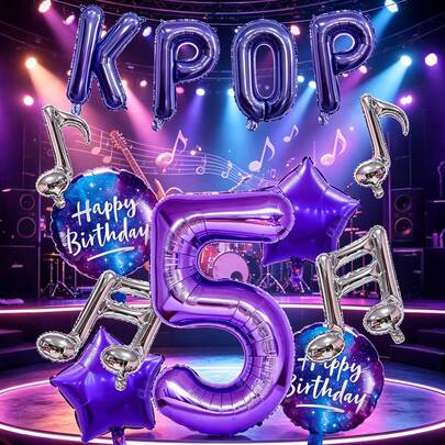 Bộ 13 bóng bay chủ đề K-POP, gồm bóng bay số 0-9 màu tím 40 inch, bóng bay chữ màu tím 16 inch, bóng bay tròn "Chúc mừng sinh nhật" 18 inch, bóng bay nốt nhạc màu bạc, bóng bay hình ngôi sao năm cánh, thích hợp cho tiệc sinh nhật, trang trí theo chủ đề nhạc Pop.