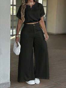Conjunto de 2 piezas de mujer de unicolor elegante con cremallera y botones, adecuado para uso diario y vacaciones, primavera/verano - Negro - Ver 4