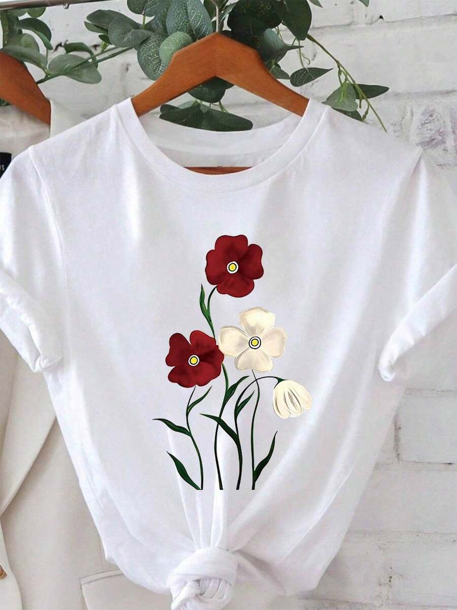 Camiseta de hombre con estampado floral rojo y blanco, manga corta, cuello redondo, top casual de primavera/verano, ropa de mujer para uso diario. - Blanco - Ver 1