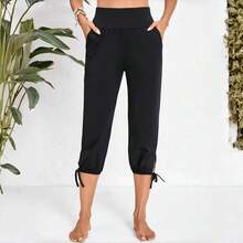 Pantalones Cortos Negros para Mujer, Pantalones a Media Pierna de Cintura Alta, Corte Holgado, Casuales, para la Playa, Vacaciones, Uso Diario - Negro - Ver 1