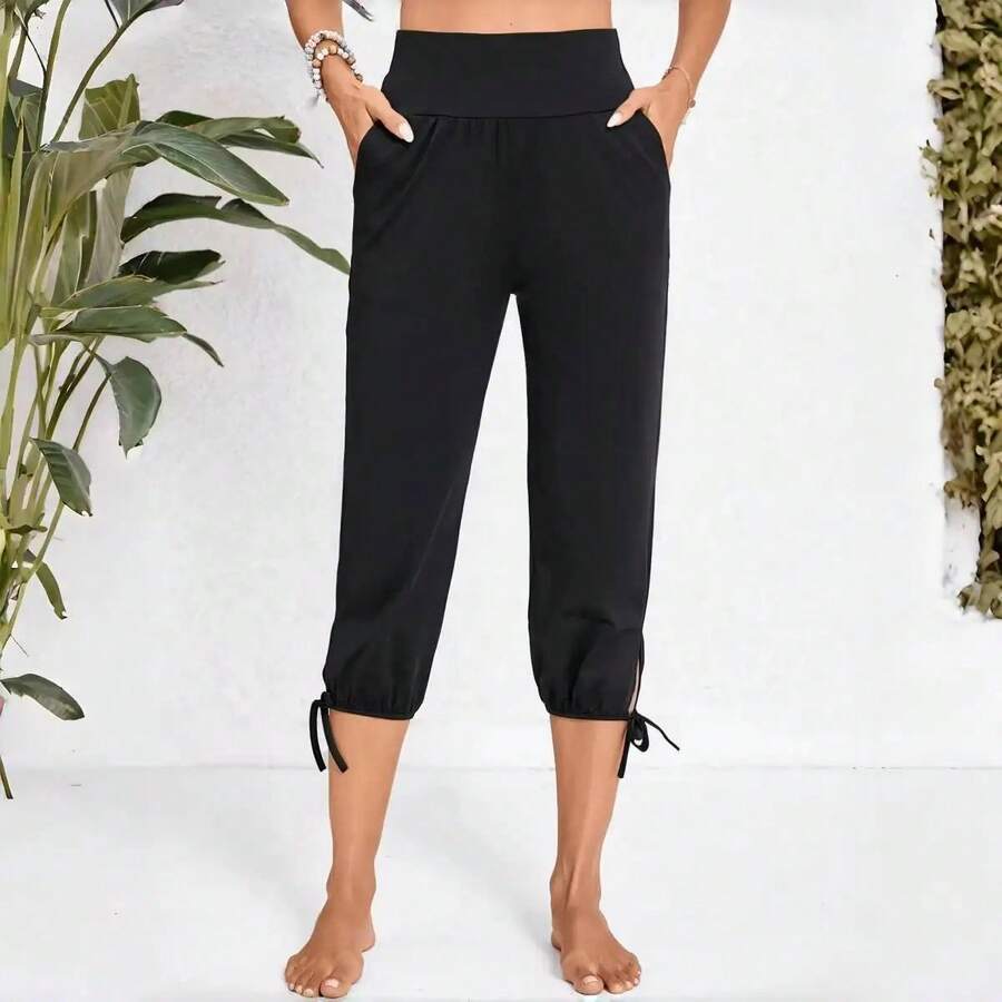 Pantalones Cortos Negros para Mujer, Pantalones a Media Pierna de Cintura Alta, Corte Holgado, Casuales, para la Playa, Vacaciones, Uso Diario - Negro - Ver 1