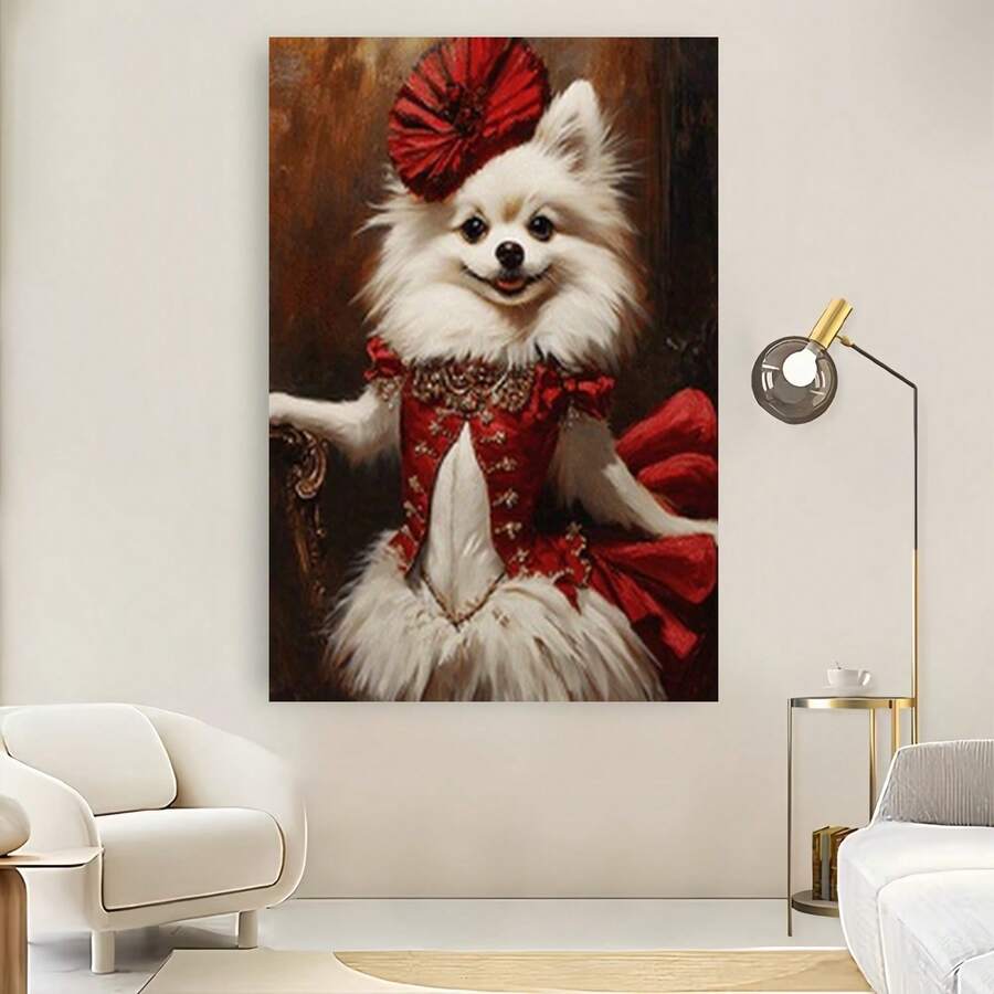 Enmarcado Lienzo decorativo de pared 2D plano, 1 unidad, grande, , con diseño de perro Pomerania blanco con traje de bailarina de zorro rojo - Moderno minimalista - Póster de Pomerania adorable para el hogar, la oficina, regalo para amantes de los perros, retrato de animal, 2D plano - Enmarcado - Ver 1