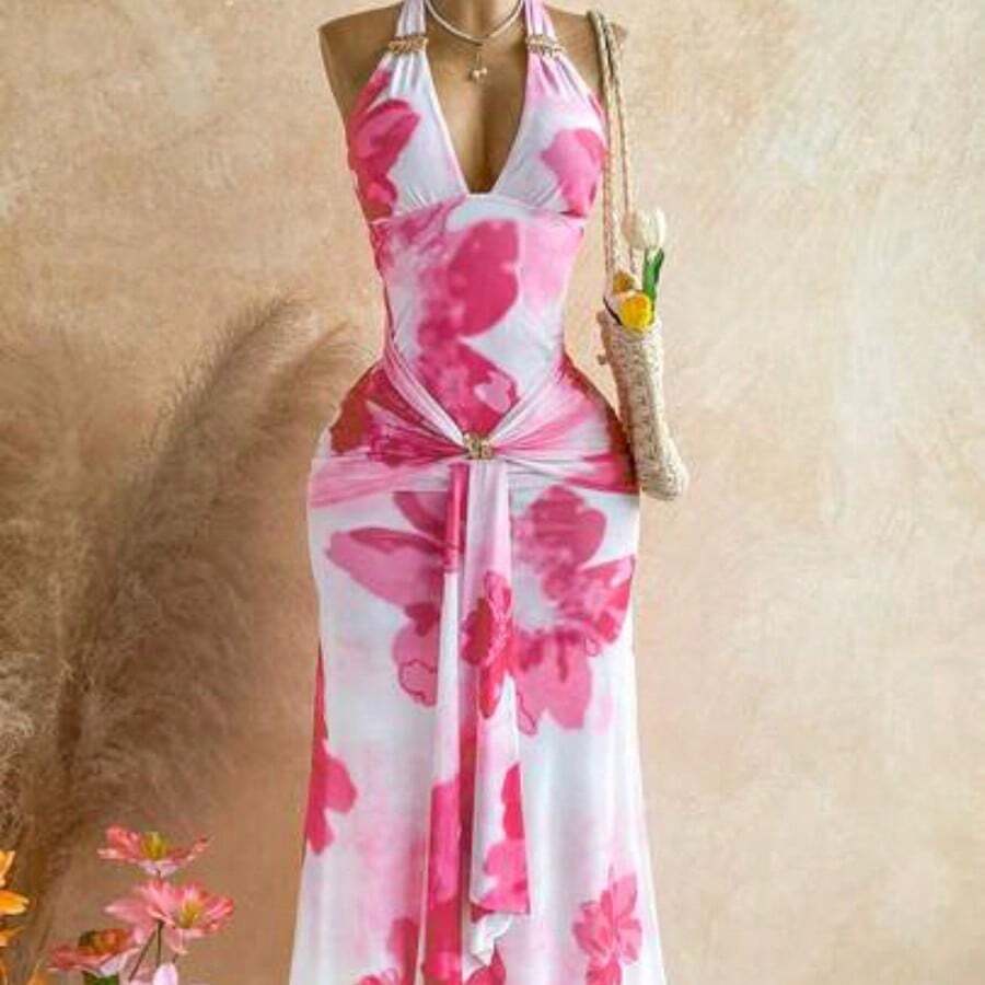 WYWH Spring/Summer New Casual Vacation Western Beach Wedding Guest Attire Graduation Brunch Dress, St. Patrick's Day Spring Break Easter Music Festival Elegant Boho Tropical Backless Metallic Decor Mesh Floral Print Valentine's Day Party Bow Tie Maxi Dress For Women Luau Dress Women Vacation Dinner Dress - Multicolor - Ver 1