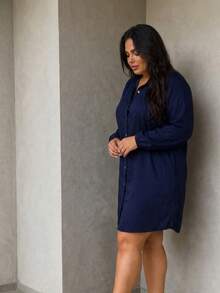 Plus Size Viscose Shirt Dress, Elegant, Lightweight, All Curve - 藏蓝色 - 查看 5