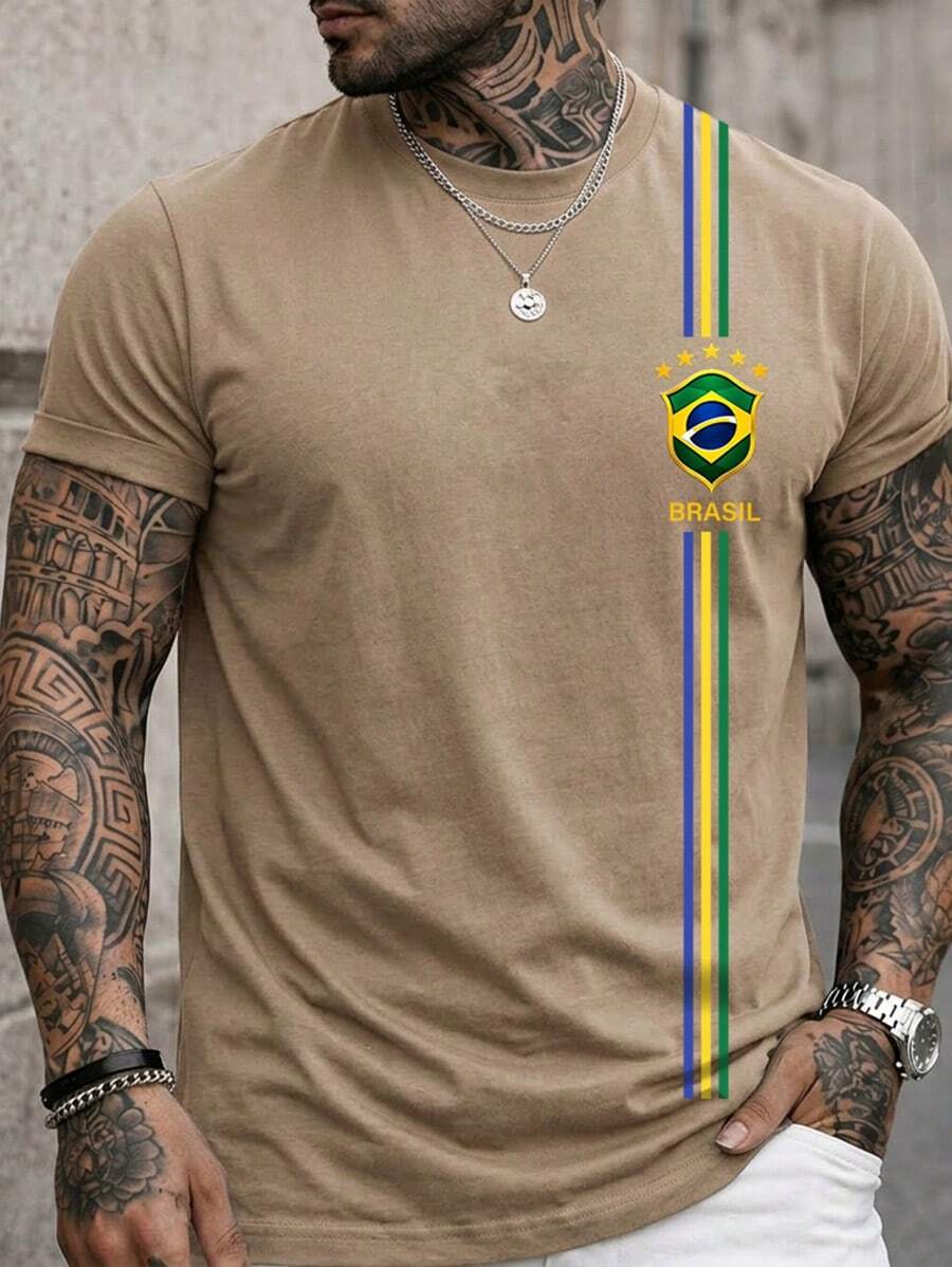 Men's T-Shirt, Brazil 3 Stripe Blouse, Summer Short Sleeve Shirt, Premium Cotton - Màu Khaki - Xem 1
