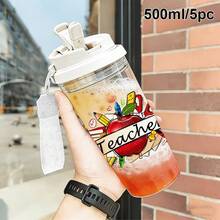 1/5 个 500ml 教师主题印花塑料杯，带吸管、挂绳和防漏盖，透明冰咖啡杯，苹果和学习用品设计，非常适合日常使用，也是教师节送给教育工作者的理想礼物。 - 多色-蘋果鉛筆 - 查看 12