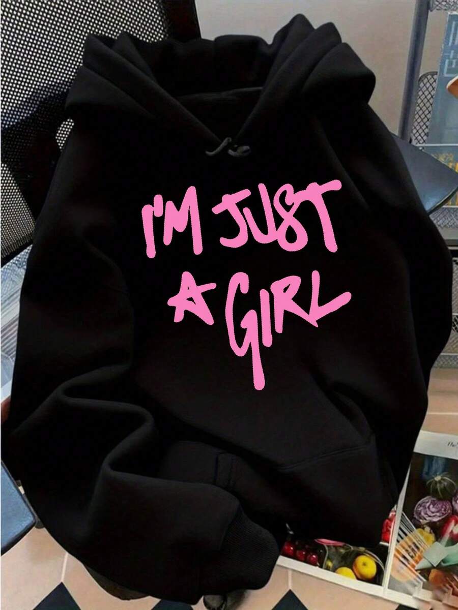"Just A Girl" Creative Letter Print Women's Fashion Hoodie, Simple, Stylish, Casual, And Elegant Pullover Sweatshirt For Autumn, With Drawstring Hood And Kangaroo Pocket, Fleece-Lined,  Autumn And Winter Women's Clothing - màu đen - Xem 1