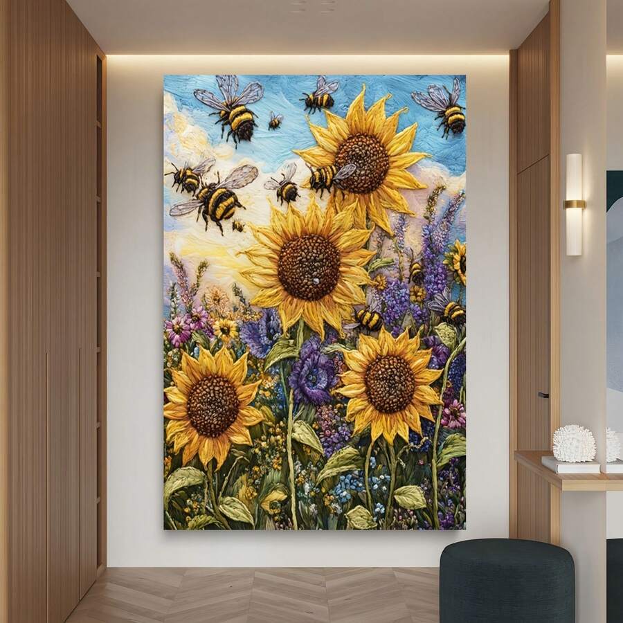 Enmarcado [2D Plano] 1 pieza de lienzo decorativo de girasoles y abejas con marco de pino - 11.8 x 15.7 pulgadas. Pintura moderna de estilo rústico, vibrantes girasoles amarillos y abejas en el cielo. Decoración duradera con marco para sala de estar, cocina, oficina o dormitorio. Decoración del hogar con temática de naturaleza. - Enmarcado - Ver 1