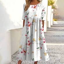 Vestido Casual de Verano 2026 para Mujer, Cuello Redondo, Bolsillo, Manga Corta, Estampado - Beis - Ver 1