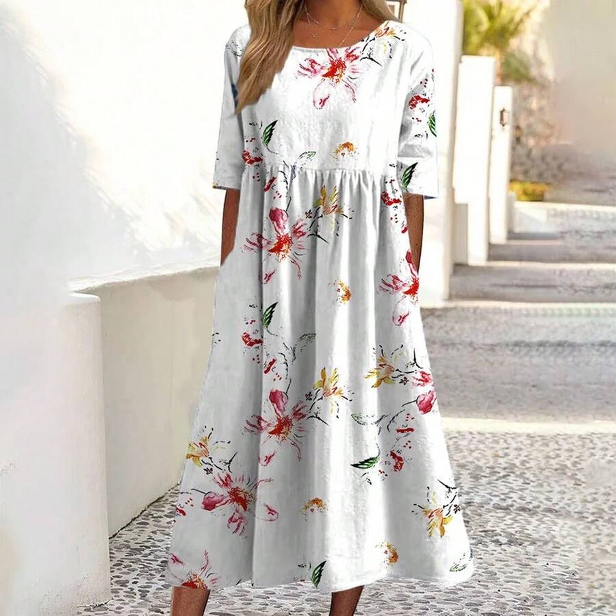 Vestido Casual de Verano 2026 para Mujer, Cuello Redondo, Bolsillo, Manga Corta, Estampado - Beis - Ver 1
