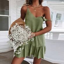 Vestido de mujer Sexy con tirantes finos y volantes vestido de verano 2025 Vestidos de lino y algodón Vestidos verdes con hombros descubiertos Mini vestido veraniego Sexy - Verde - Ver 4