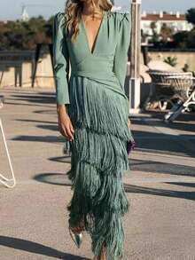 Ladies' Tassel Long Sleeved Long Sleeved Deep V-Neck Bubble Sleeve Wrapped Elegant Cocktail Party Wedding Tassel Skirt - 薄荷綠 - 查看 5