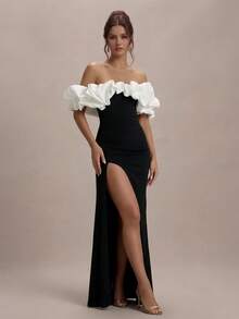 Black & White Contrast Off-Shoulder Ruffle Hem Sexy High Slit Evening Dress - Black and White - View 5