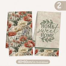 MEMNUN 2入組復古花卉罌粟花插圖 Home Sweet Home 文字圖案廚房毛巾 40*60cm/45*70cm 柔軟超細纖維材質 洗碗布 刷洗墊 手巾 廚房與浴室日常家居裝飾 適合廚房與餐廳裝飾 全季節適用 - 彩色 - 查看 2
