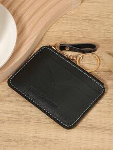 Black Minimalist Solid Color Card Holder Purse Wallet, Zip Around With Chain Keychain, Multi Card Slots Coin Pocket ID Window, Unisex Slim Compact For Daily Use Travel Shopping - Black - View 6