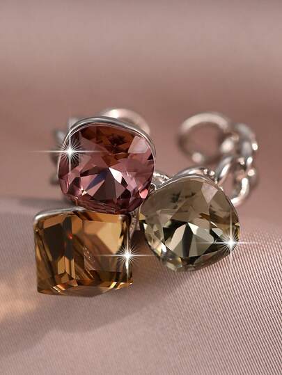 jealous young 1pc Luxury Three-Color Cut Crystal Open Copper Ring, Silver Color Plated Versatile Women's Accessories, Suitable For Daily Commute, Dating, Party, Anniversary, Banquet, Holiday, And Festival Wear