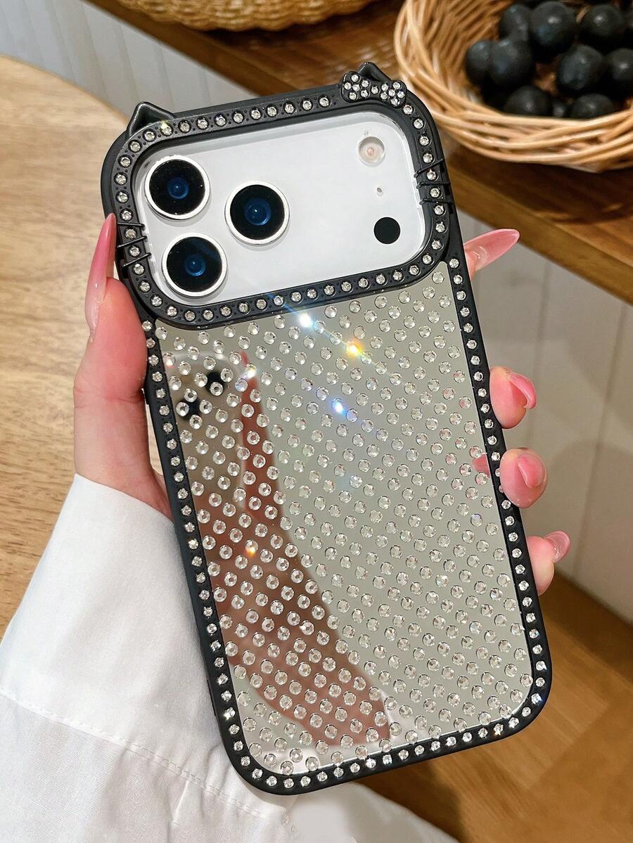 1pc Creative Rhinestone Cat Ear Mirror Phone Case, Suitable For IPhone 17 Pro Max, 16, 15 Pro Max, 14, 13, Fashionable And Luxury Protection Cover - Black - View 1