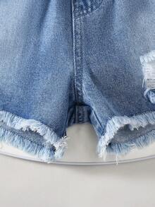 1 pieza Shorts vaqueros casuales con cintura elástica y dobladillo deshilachado para niñas, estilo callejero, primavera/verano - Azul lavado medio - Ver 5