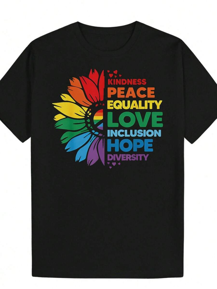 Men's Summer T-Shirt With Multicolored Sunflower And Rainbow Print - Symbol Of Peace, Love, Hope, And Diversity, Lightweight, Breathable, Loose Fit, Crew Neck, Short Sleeves, Casual Gym Wear, Suitable For All Seasons, Outdoor Events, Beach, And Pride Celebrations. Cotton T-Shirt, Summer Outfit. - Black - View 1