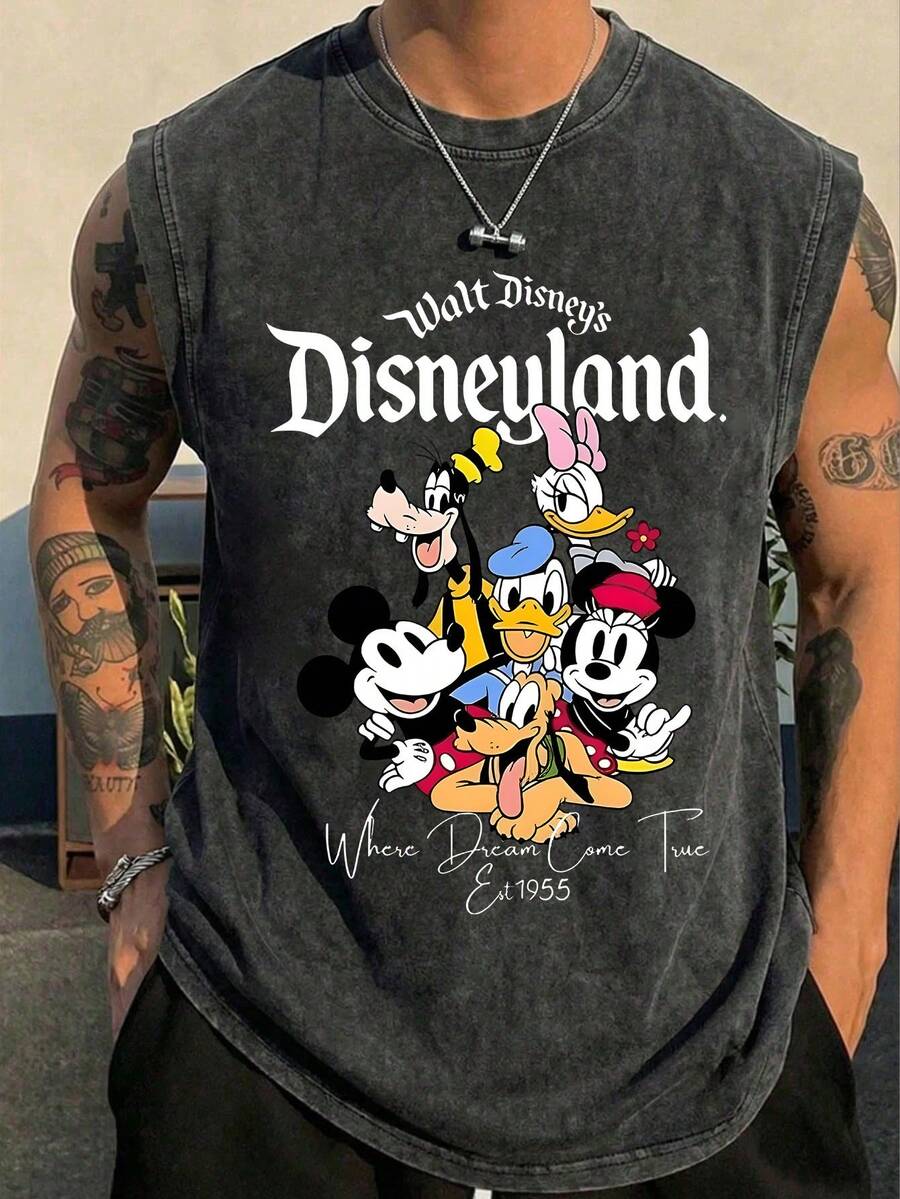Walt Disney's Disneyland Where Dreams Come True Officially Licensed Men's Sleeveless Graphic Tee, 100% Cotton 230g Washed Vintage Casual Shirt - 黑色 - 查看 1