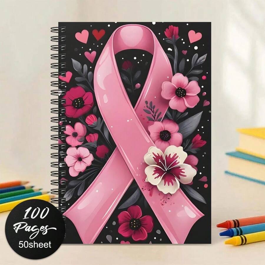 1pc Spiral Notebook With Horizontal Lines, Pink Ribbon Floral Design, Breast Cancer Awareness Gift Notebook, Suitable For Women And Men, Office & School Supplies, Inspirational Gift For Friends And Colleagues, Scrapbooking DIY Kit, Spiral Bound Horizontal Line Notebook