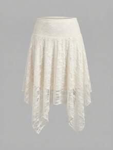 Women's High Waist Asymmetric Lace A-Line Skirt, Vintage Casual Asymmetrical Hem Mesh Skirt, Versatile For Daily Wear, Spring/Summer - Apricot - View 3