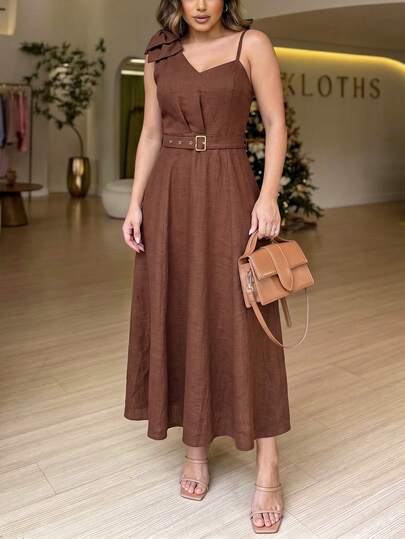 ANCHOSE Vestido midi sin mangas elegante burdeos para mujer, con decoración de lazo en el hombro, adecuado para cóctel, cita nocturna o gala de verano